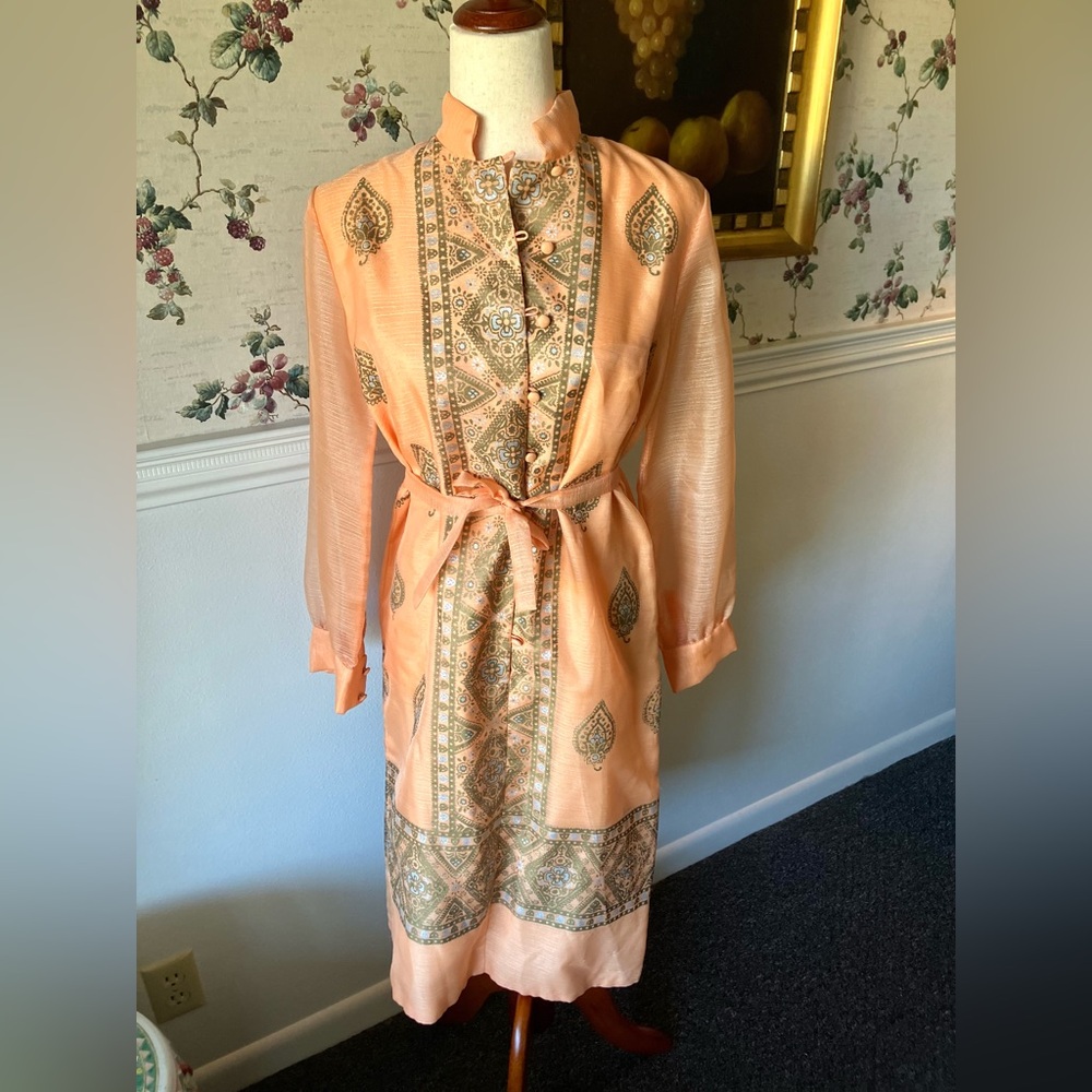 Vintage 70s Alfred Shaheen Peach Orange Handpainted Boho Shift Dress